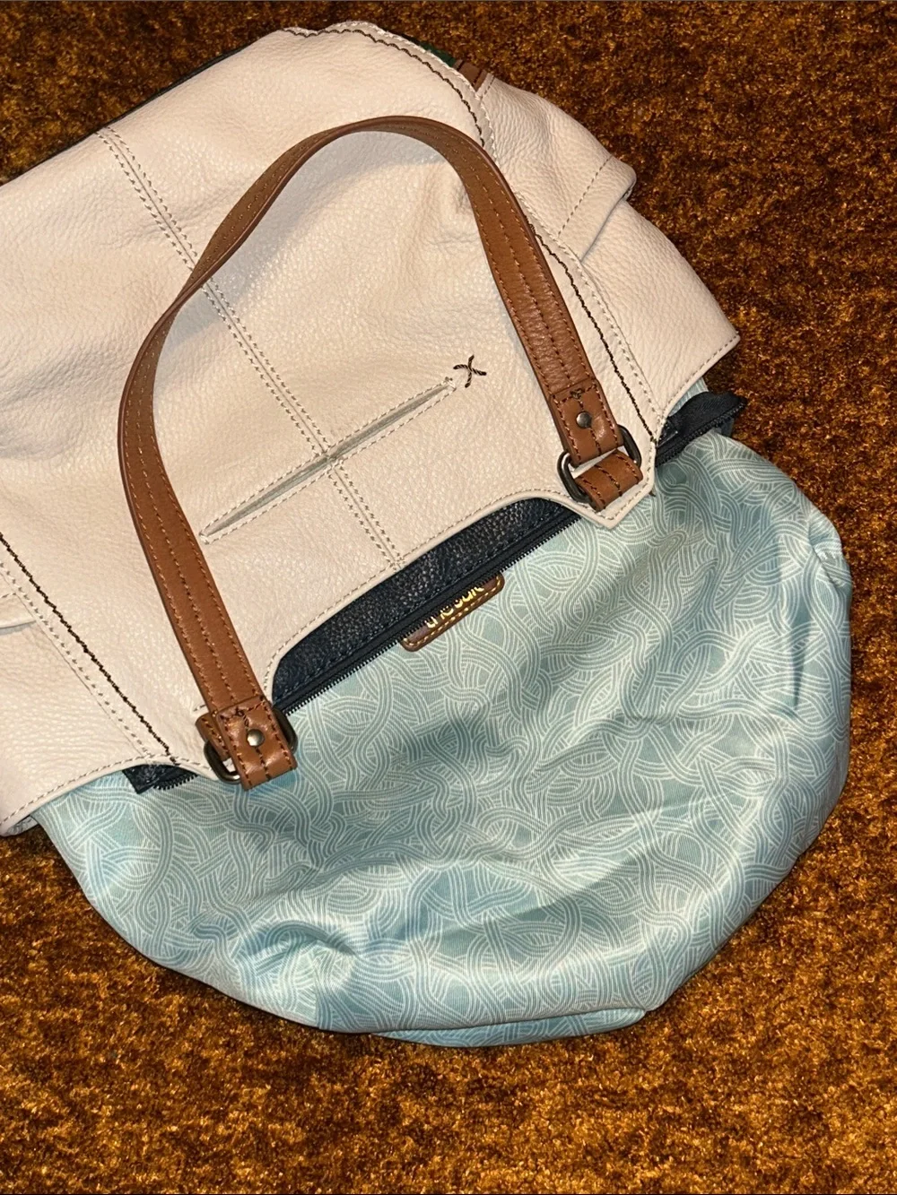 The Sak Cream, Navy & Teal Colorblock Shoulder Bag with Tan Handles